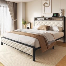Platform Bed Frame with 45.2'' Tall Headboard, Upholstered Storage Headboard Queen Size 