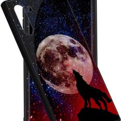 Phone Case for Note 10 Wolf & Moon Phone Case Scratch-Proof Tempered Glass Case Anti-Drop TPU PC Bumper Phone Cases for Samsung Phone Case