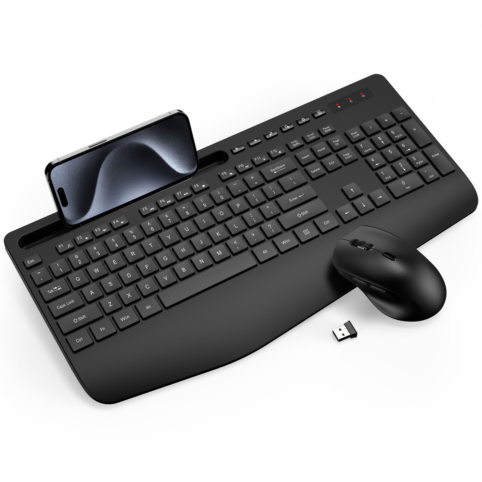 Wireless Keyboard And Mouse Combo - Full-Sized Ergonomic Keyboard With Wrist Rest, Phone Holder, Sleep Mode, Silent 2.4GHz Cordless Keyboard Mouse Com