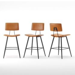 Bar Stools Set of 3, 24.5" Counter Height Bar Stools, Whiskey Brown Faux Leather Upholstered Barstools with Back Footrest and Metal Legs, Armless Bar 