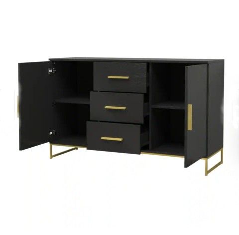 Black & Gold Storage Accent Cabinet with 3 Drawers & 2 Cabinet Doors Floor Cupboard Stand Dresser