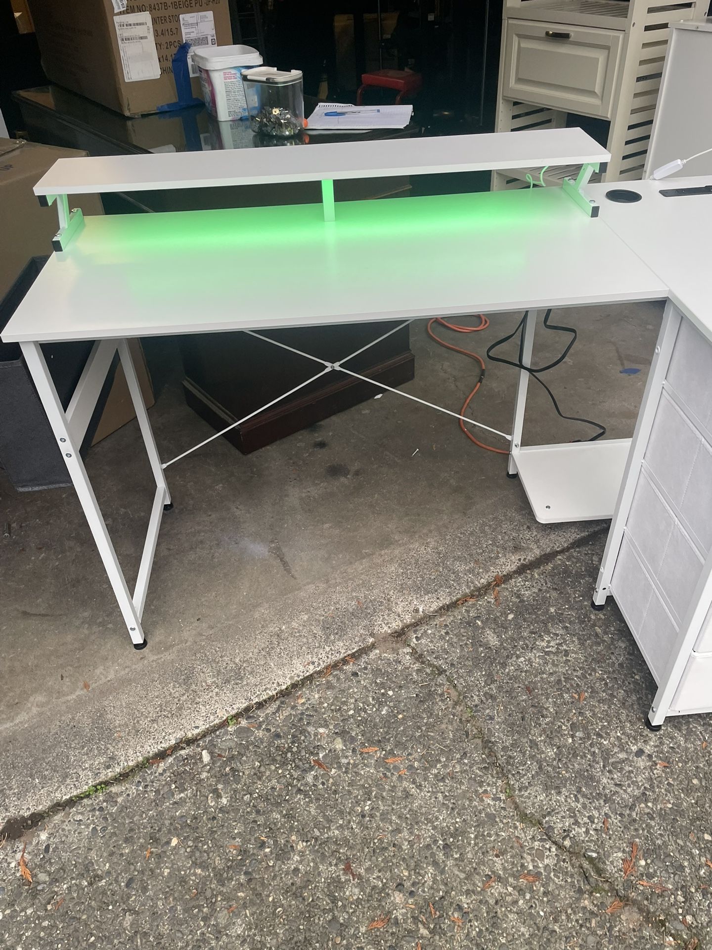 Nice Corner Desk LED Gaming Desk L-Shaped Desk with USB Charging Socket and Power Socket, Computer Desk with 4 Drawers, ( Like New