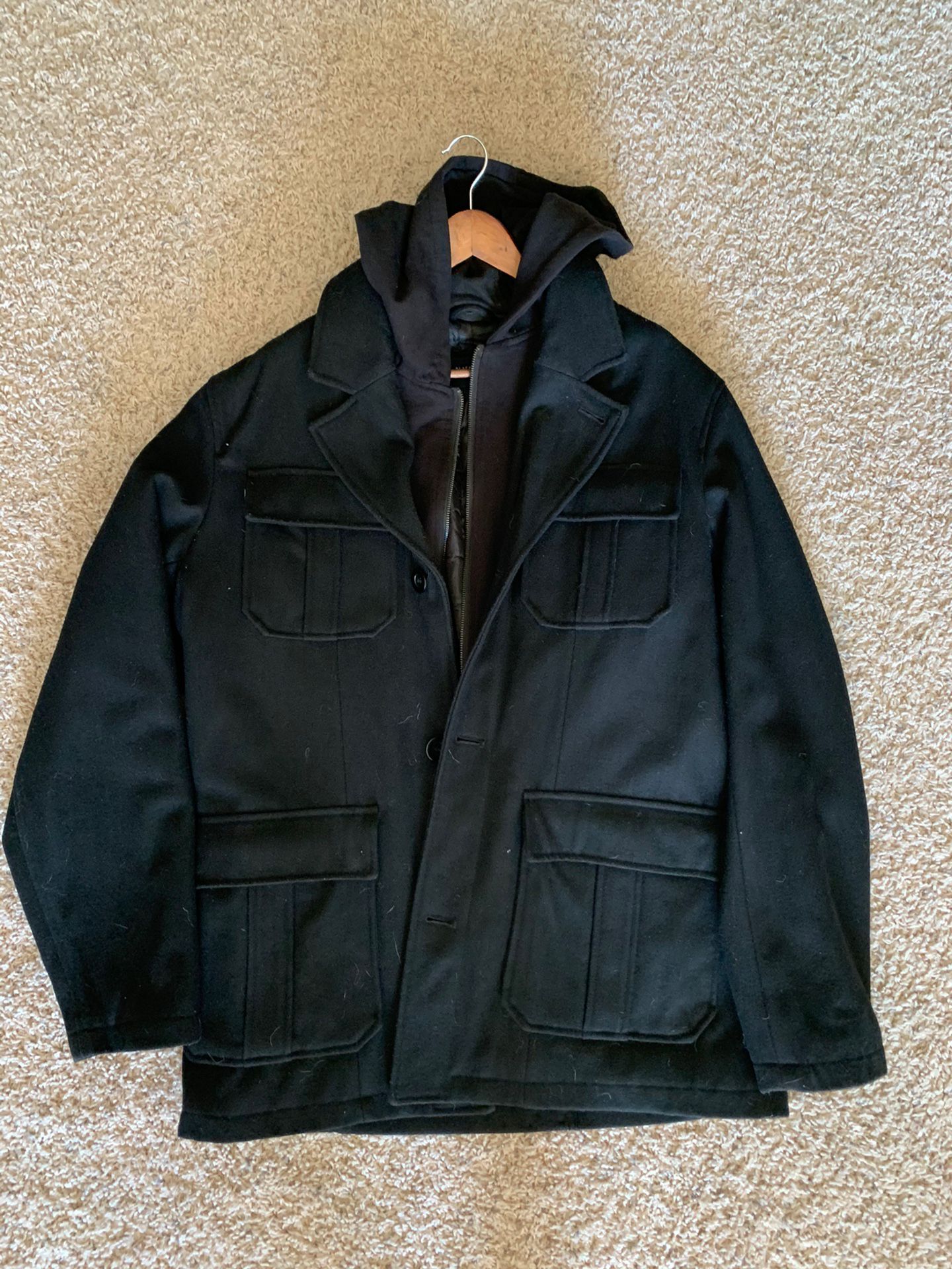 Black Rivet Wool Coat w Removable Hood and Bib