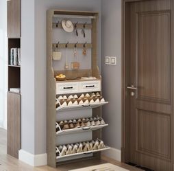 Shoe Cabinet for Entryway, Multi-Functional Narrow Hidden Slim Shoe Rack Organizer with 3 Flip Drawers, Space-Saving Design Freestanding Storage with 