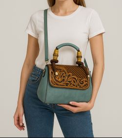 Vintage-Style Tooled Leather Accent Handbag – Teal & Tan