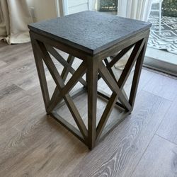 Side Table – Slate Stone Top, Gray-Wash Wood X-Brace Base, Farmhouse Modern
