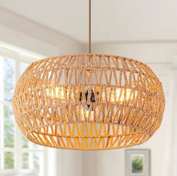 New 15.7W Rattan Light Fixture Pendant Boho Drum Chandelier Hanging Adjustable Height Dimmable