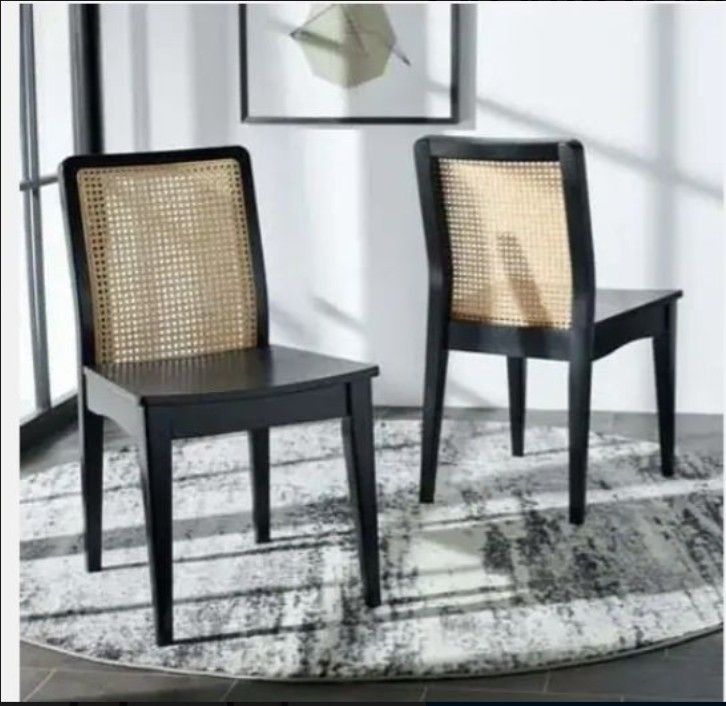 SAFAVIEH "Benicio" Coastal Rattan 18" Dining Chair - Black/Natural (Set of 2) BRAND NEW
