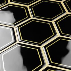 FunStick 15 Tile Hexagon Peel and Stick Backsplash Tile for Kitchen 12"x12" 3D Black and Gold Self Adhesive Backsplash Tiles Peel and Stick Wall Tiles