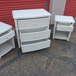 Wicker White Dresser & 2  End Table Set 