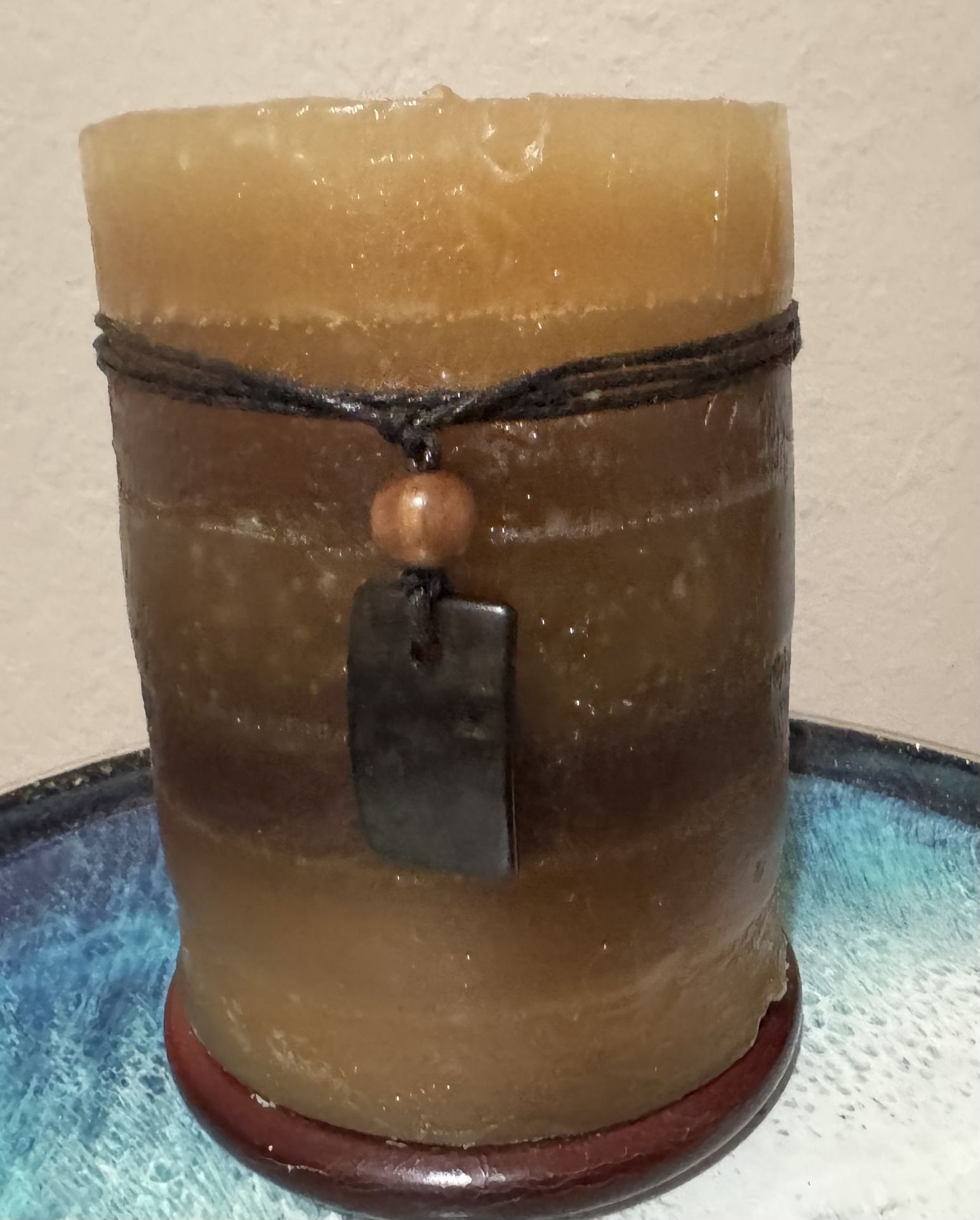 7 X 4” Brown Tones Candle With Wood Holder