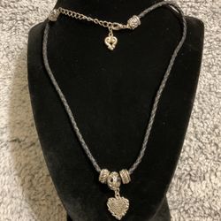 Black Leather Necklace,with Silver Heart W/ Black Metallic…adjustable Links 
