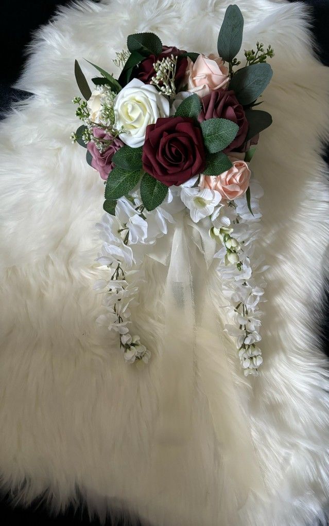 Lings Moments Florals New Bridal Wedding Bouquet, One Of A Kind Cascading Bouquet 14"