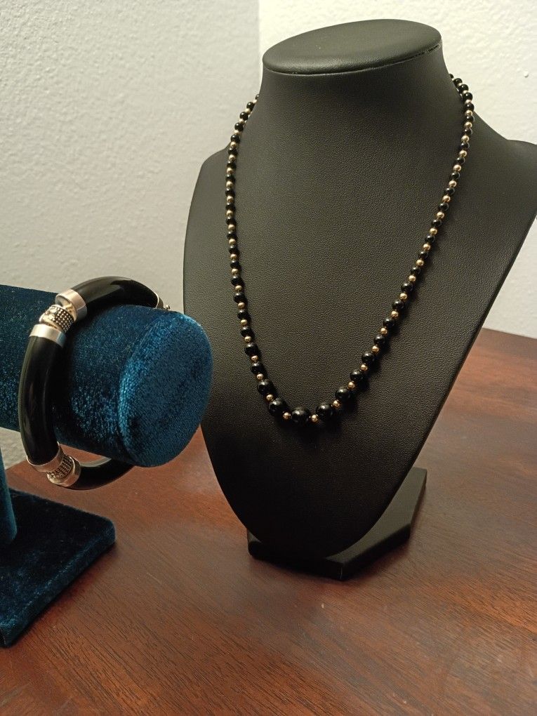 14k Gold & 925 Sterling Silver With Black Onyx Necklace & Bracelet Set