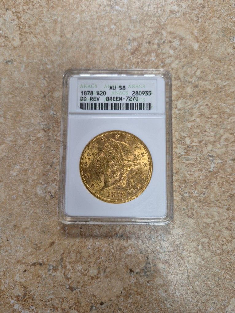 1878 $20 Liberty Gold Coin AU58 Grade DD Reverse Error