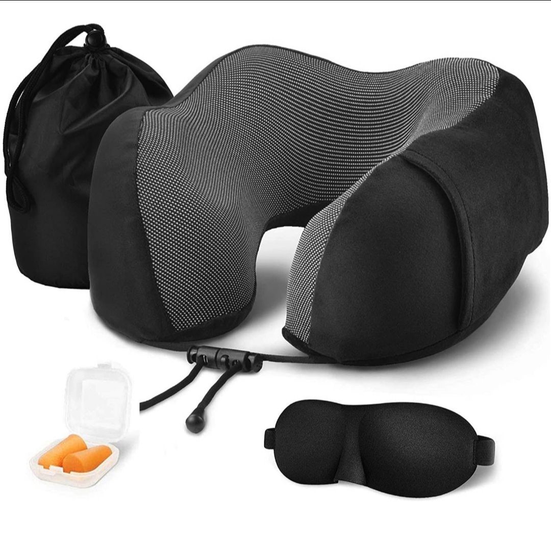 New! 3 Piece Travel Memory Foam Neck Pillow with Storage Bag Eyemask and Earplugs, For Airplane Sleeping, Black