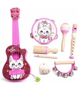 🆕 in 📦 Kids Guitar Toy Set-Durable Drop-Proof7in1,Kids Musical Instruments,Cute Animal Ukulele Toy with Wood Tambourine Maracas Guiro,Learning Music