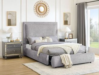 call 2404906970 REVERIE gray queen size storage bed frame special