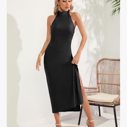 CMZ2005 Women Halter Neck Backless Long Dress Sexy Side Slit Party Dress Elegant Evening Dress