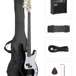 GLARRY Full Size Electric Bass Guitar Beginner Kit 4 String Exquisite Basswood Bass with 20W AMP, Cable, Strap, Bag and Accessories (Black, 39"Right H