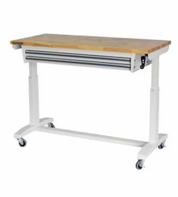 Like New 52 in. W x 24 in. D 2-Drawer Adjustable Height White Workbench Table with Solid Wood Top
