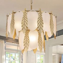 New 25.7” Gold Chandelier 7-Light Golden Leaf Pendant Adjustable Height Dimmable E12
