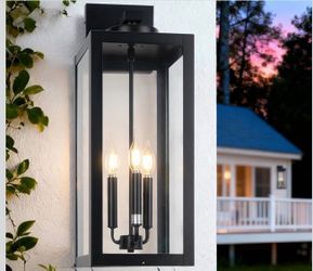 24" Extra Large Fully Enclosed Outdoor Light Fixture 3-Light, Black Outdoor Porch Lantern Wall Mounted, lWaterproof