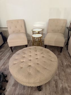 2 chairs 1 ottoman and 2 tables