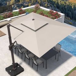 9' X 12' Cantilever Patio Umbrella with Base Included 360°Rotation Rectangular Outdoor Large Offset Umbrellas Double Top Heavy Duty Windproof for Gard