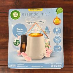 Air Wick Essential Mist Diffuse; Glows As It Mists: Linen And Petals Fragrance (1 Diffuser, 1 Refill And 3 AA Batteries)