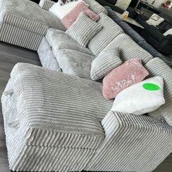 DOUBLE CHAISE CORDUROY BRAND NEW GREY SECTIONAL SAME DAY DELIVERY 