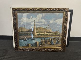 Framed Tapestry Wall Wrt - Moscow Kremlin Scene - Ornate Gold Frame