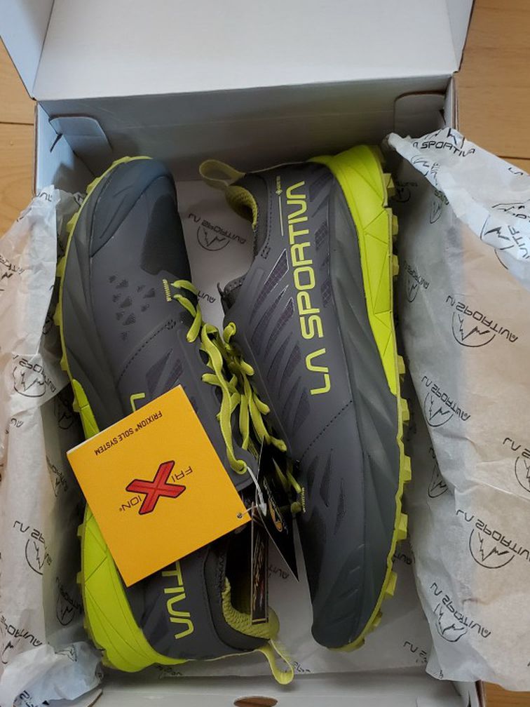 Lasportiva, rugged trail running shoes, kaptiva gtx, carbon/citrus color.