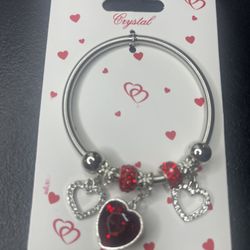 Silver Tone Heart Charm Bracelet with Red Rhinestones Dangle