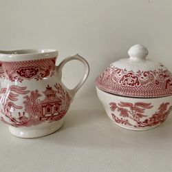Vintage Churchill Rosa Set Of Creamer & Sugar Bowl With Lid England Romania 