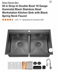 Shop Glacier Bay 33 in Drop-In Double Bowl 18 Gauge Gunmetal Black Stainless Steel Workstation Kitchen Sink with Black Spring Neck Faucet