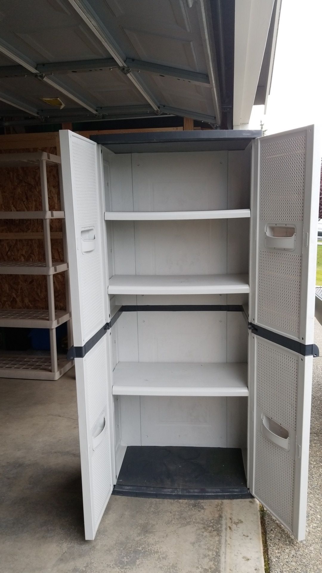 Garage storage cabinet and shelves