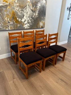 6 Mission Style Pine Wood Ladder Back Dining Chairs w/ Brand New Black Upholstery