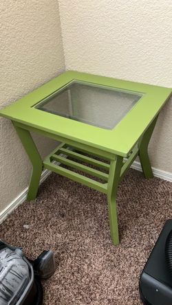 Green Wood End Table with Glass Top