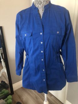 Happy Scrubs brand royal blue scrub jacket set size small. Pants have cargo pockets