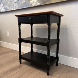 31” Tall - Three Tier Solid Wood Black Side Table w/ Wood Top and Storage Drawer