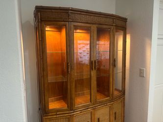 Bamboo Rattan Lighted China Display Cabinet