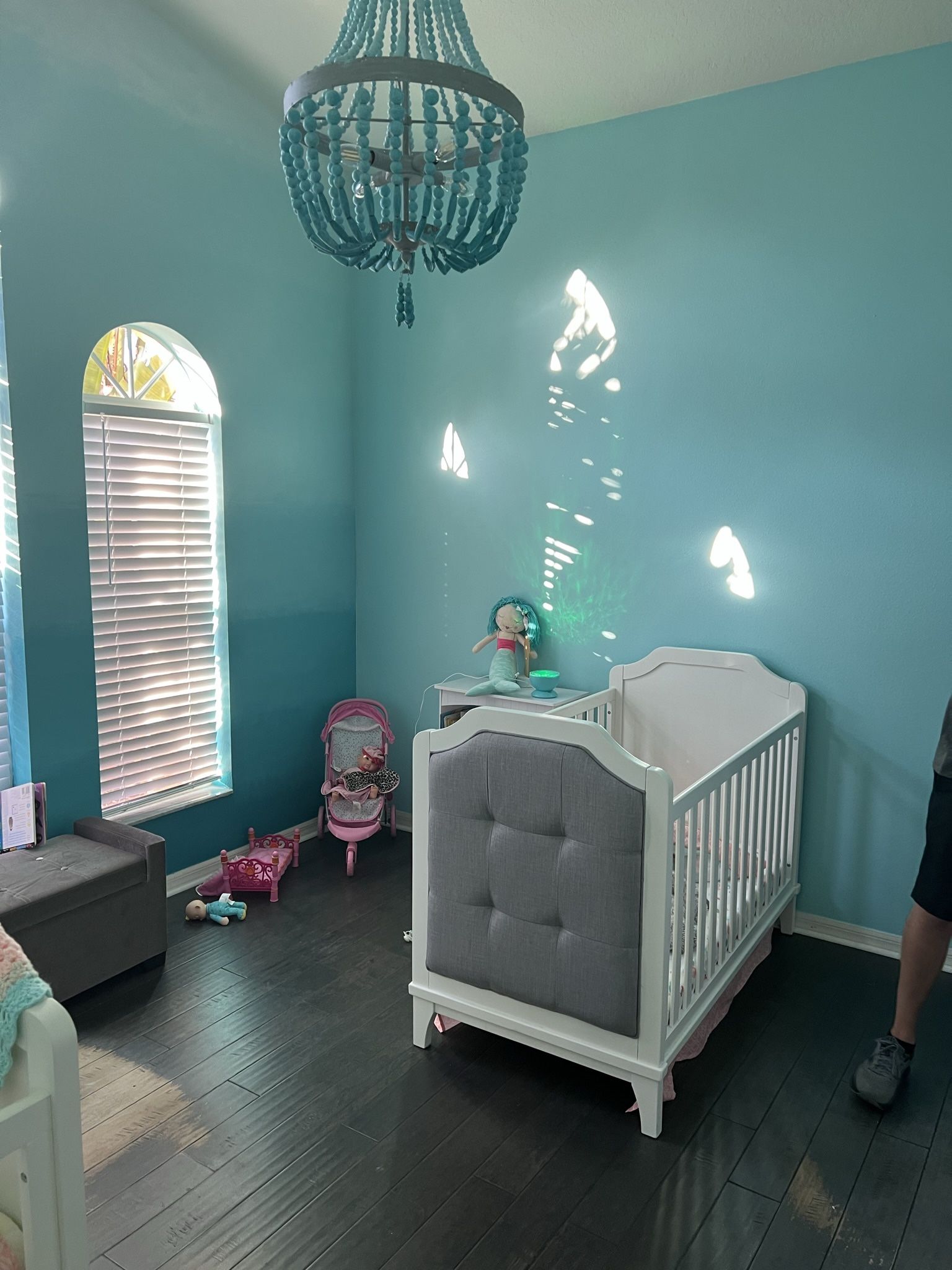 White Crib with gray upholstery