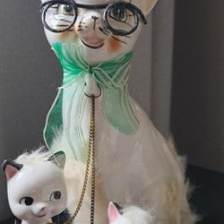 Vintage Mom Cat Wearing Wired Glasses With 2 Kittens