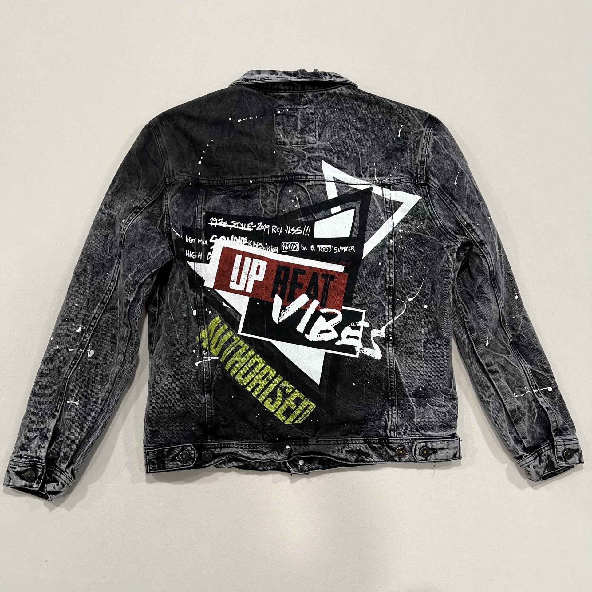 Zara Denim Jacket w Text Black Rip Trucker Jeans Coat Pants Shirt XL