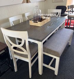 6-pc dining table set with bench white & grey