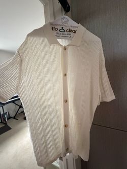 Zara Men’s Large Ivory Open Knit Camp Collar Cardigan Shirt Made in Turkey