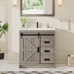 ❤️‍🔥 #C Hawkley 36in Grey Single Sink Barn Door Bathroom Vanity does not include washing $115