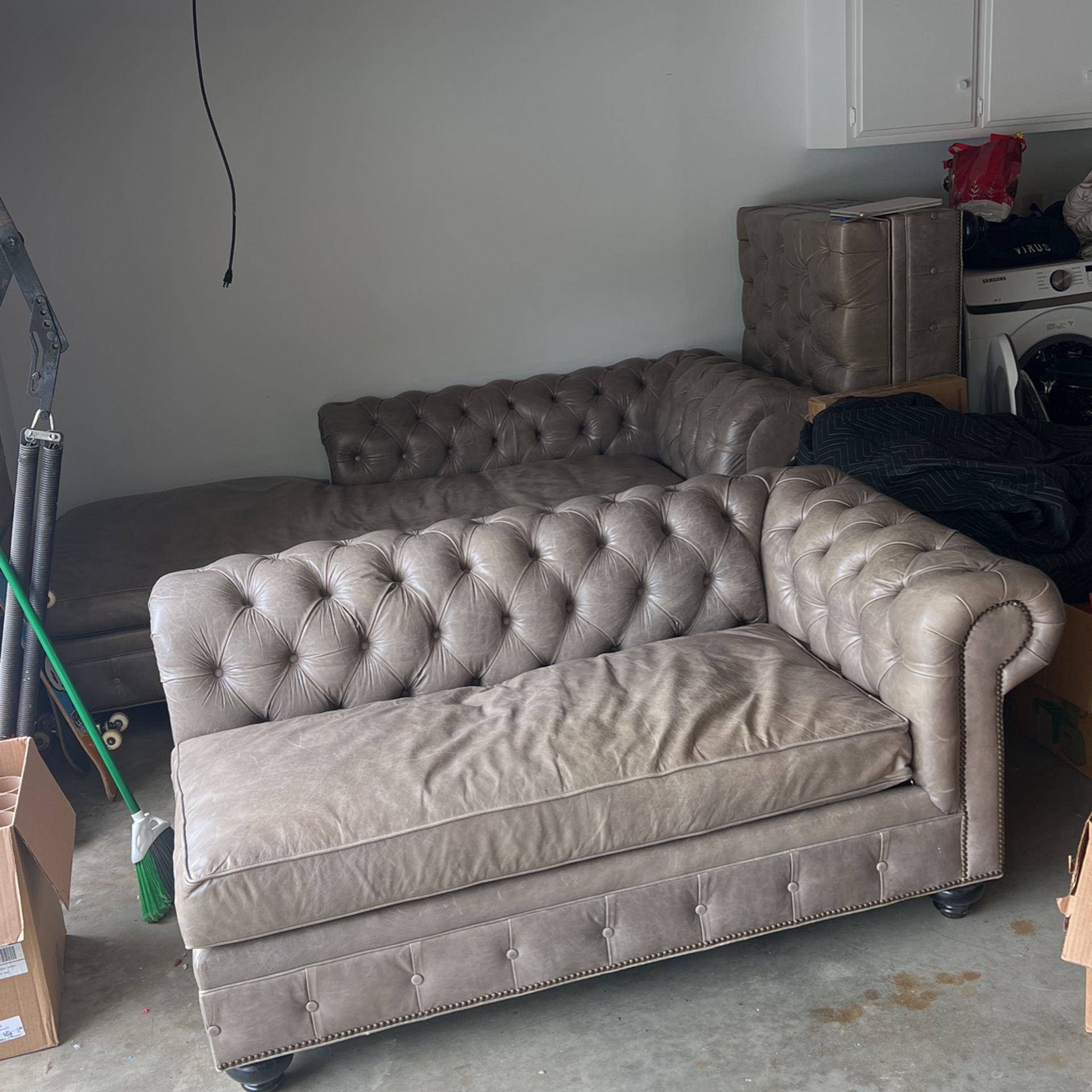 Custom Light Gray Leather Couch - Down Filled