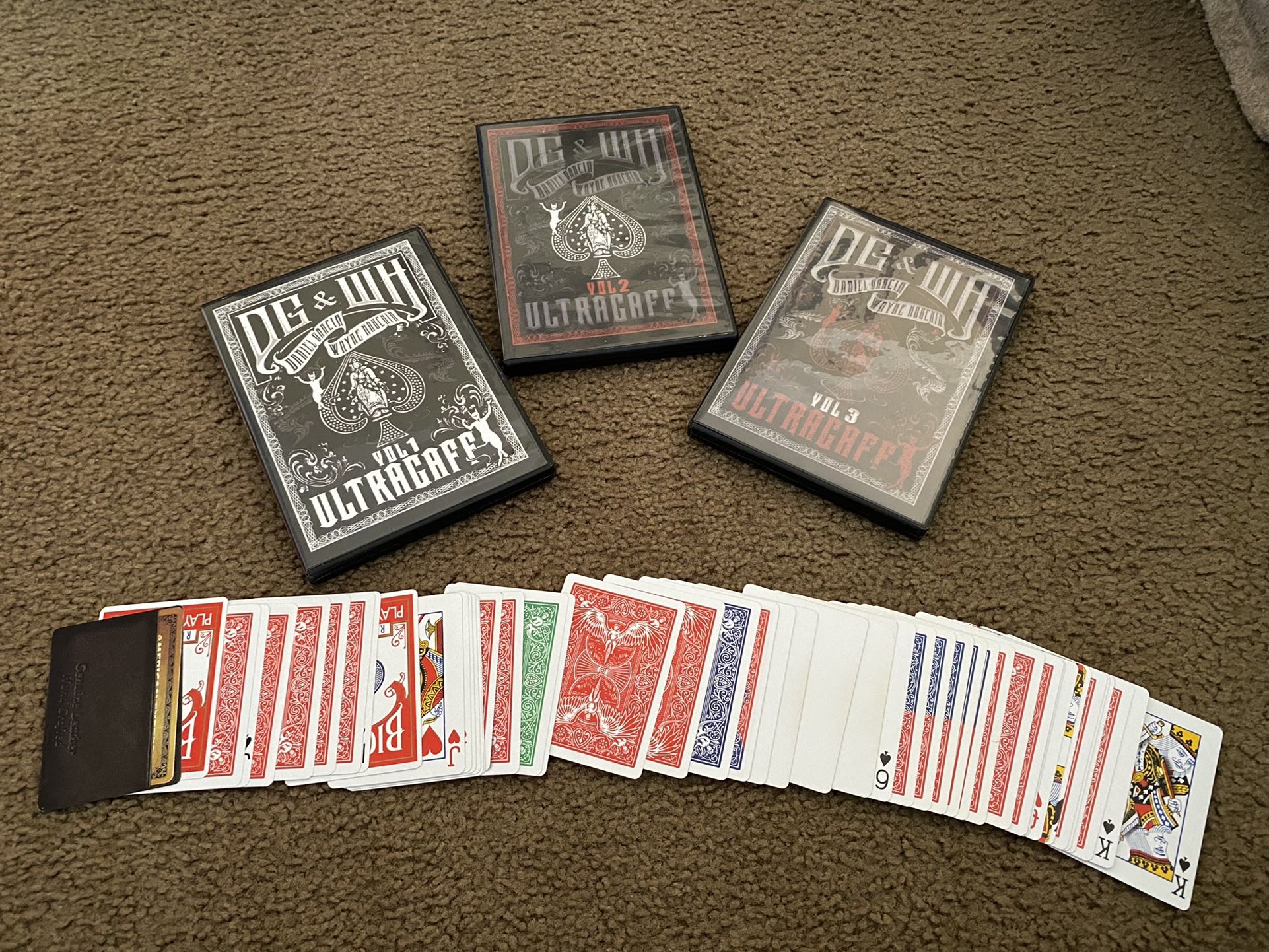Magic Trick 3 DVD Collection And Gaff Red Back Bicycle Playing Cards That Go With DVD’s